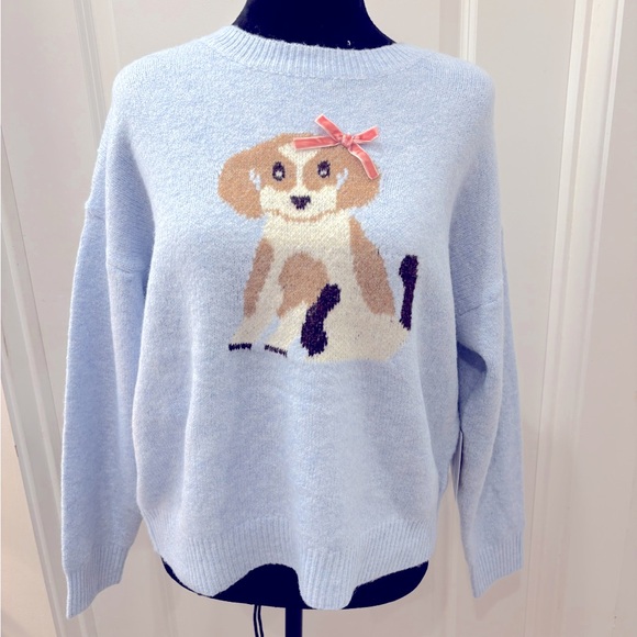 NWT Luna Ivy light blue sweater with puppy dog wearing pink bow - L - Picture 1 of 7